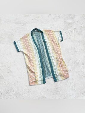 Short-Sleeve Multicolor Button-Down Cardigan with Teal Trim